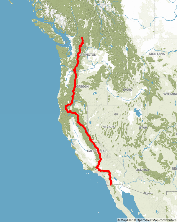 A map of the Pacific Crest Trail