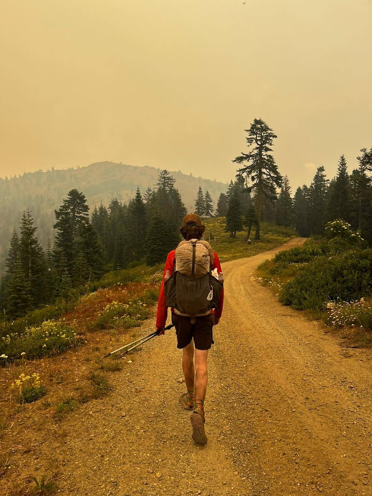 Hiking in dirty yellow smoke