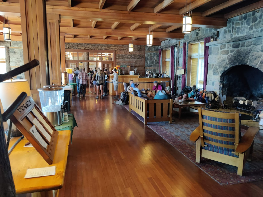 Hikers queueing in the Lodge for breakfast