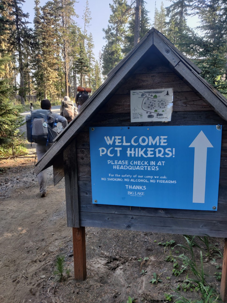 Welcome sign for PCT hikers at Big Lake Youth Camp