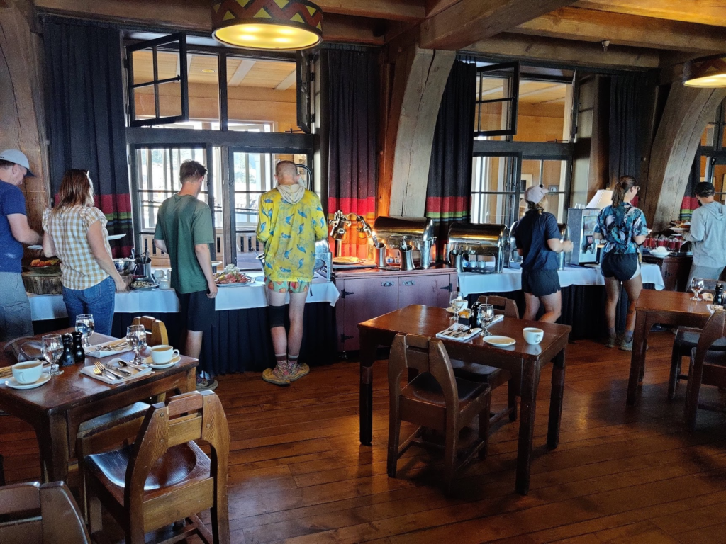 Hikers queueing up for the Timberline Lodge buffet